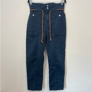Veronica Beard Womens Karter Pants 28 Blue Straight Belted Cotton Pleated Crop